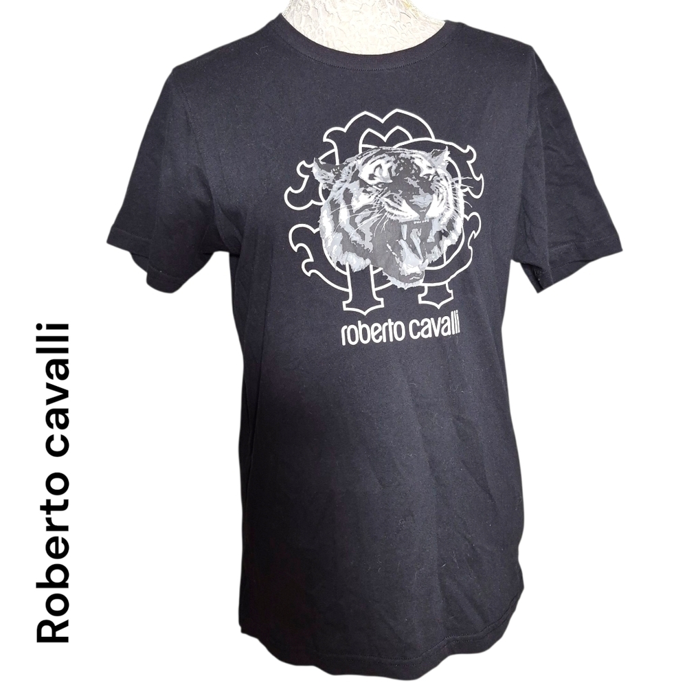 Roberto Cavalli Black Tee with B&W Tiger Graphic Print Size Large